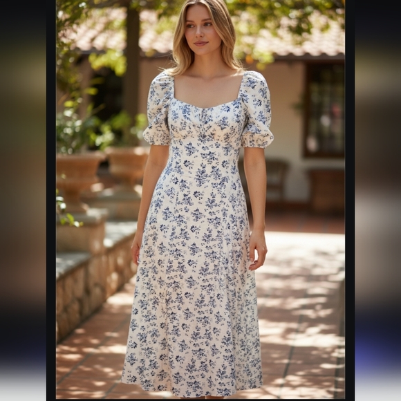 SHEIN Dresses & Skirts - Shein Women's Floral Blue and White Long Dress Size-M